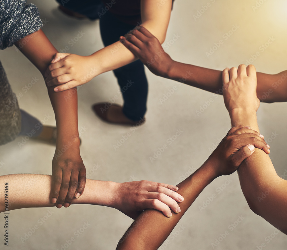 Poster collaboration, arms in a circle and business people in the office from above for support or communit