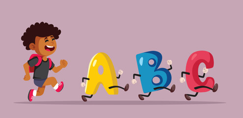 Happy Student Enjoying Reading and Literature Class Vector Cartoon Illustration. Cheerful boy and alphabet letters having fun 
