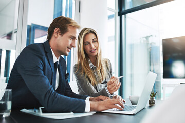 Man, woman and laptop with corporate partner, planning or typing for project, proposal and company...