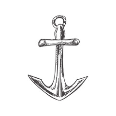 Hand drawn  sketch of ship's anchor. Vintage vector illustration isolated on white background. Doodle drawing.