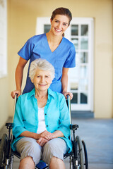 Portrait, nurse or happy old woman in wheelchair in hospital clinic helping an elderly patient for support. Trust, smile or healthcare medical caregiver talking to a senior person with a disability