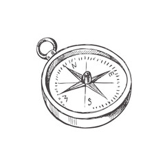 Hand drawn  sketch of retro compass. Vintage vector illustration isolated on white background. Doodle drawing.