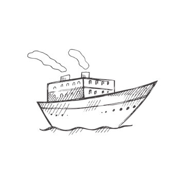 Hand drawn  sketch of ship, steamboat, steamship. Vintage vector illustration isolated on white background. Doodle drawing.