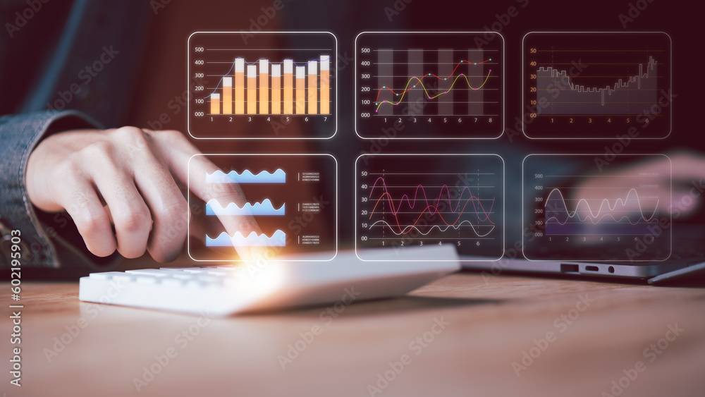 Poster businessman using a calculator to calculate numbers,analyzing and examining profit and loss statemen