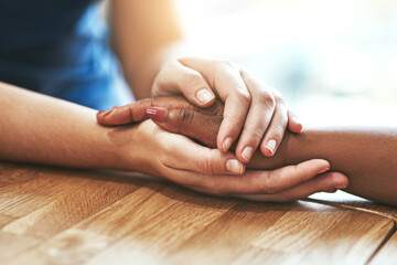 Support, love and diversity with people holding hands for hope, trust and empathy. Faith, forgive and friends with a helping hand, respect and help through grief or consoling with connection - obrazy, fototapety, plakaty