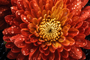 red dahlia flower macro with water drops. generative ai technology
