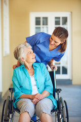 Talking, nurse or happy old woman in wheelchair in hospital clinic helping an elderly patient for...