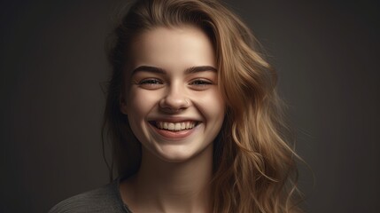 Naklejka premium Closeup portrait of a beautiful smiling young woman on grey background.Generative Ai