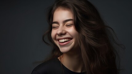 Fototapeta premium Closeup portrait of a beautiful smiling young woman on grey background.Generative Ai
