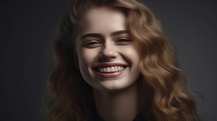 Naklejka premium Closeup portrait of a beautiful smiling young woman on grey background.Generative Ai
