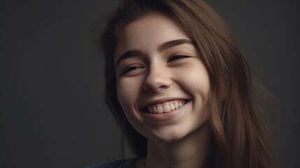 Fototapeta premium Closeup portrait of a beautiful smiling young woman on grey background.Generative Ai
