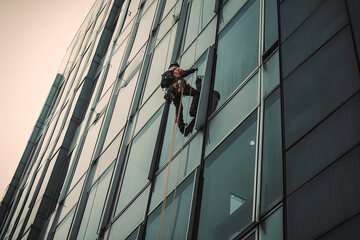 Window washer cleaning high rise glass office building. Generative AI