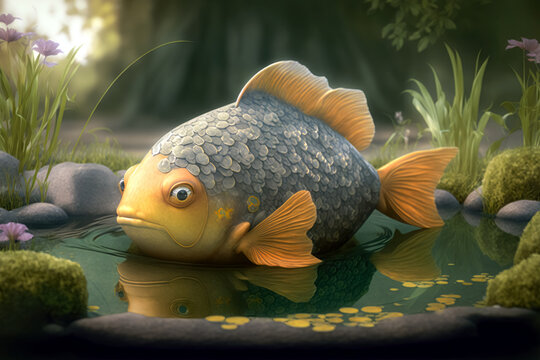A big fish in a small pond, concept of feeling important in a small place, or drought and climate change, Generative AI