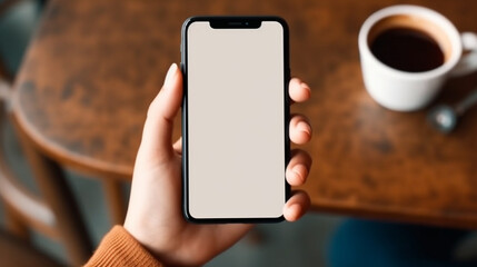 top view of a woman in casual clothes using her smartphone with blank white screen while chilling in a coffee shop, blank white screen. 