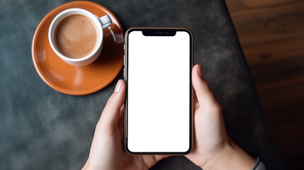 top view of a woman in casual clothes using her smartphone with blank white screen while chilling in a coffee shop, blank white screen. 