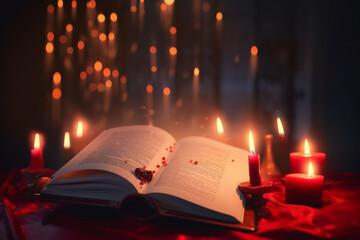 The magic book with candle and bokoh light background, General AI. 