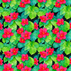 Tropical Seamless Pattern of Bright Magenta Flowers and Green Leaves on Black Backdrop, Watercolor Illustration for Textile, Wallpapers, Print, Gift Wrap and Scrapbooking. AI Generated.