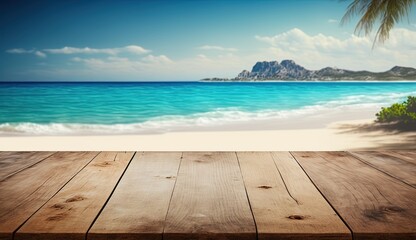 Fototapeta premium Blurred blue sky and sea with bokeh light and white wooden table background by ai generative