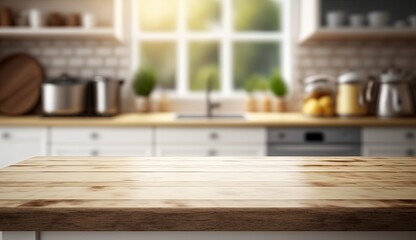 Wood table top on blur kitchen room background.For montage product display or design key visual layout. by ai generative