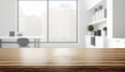 Fototapeta premium Empty wooden office table with light sunny furnished office room with large window on background, by ai generative