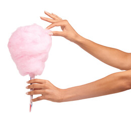 Cotton candy, closeup and woman hands isolated on a white background for sweets, pink food and...