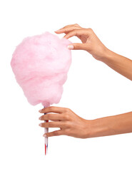 Candy floss, sweet and woman hands isolated on a white background for eating, pink food and holiday...