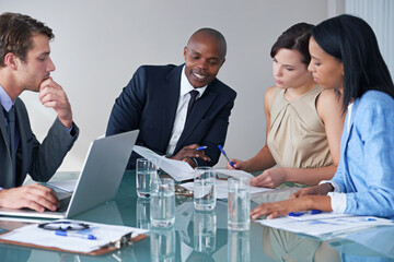 Planning, analytics and strategy with business people in meeting for idea, documents and learning. Collaboration, data and leadership with team in office for project management and brainstorming