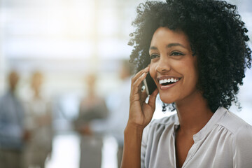 Phone call, business and funny black woman in office with mockup space. Cellphone, laughing and African female person speaking, communication or discussion, comedy and comic humor with contact.