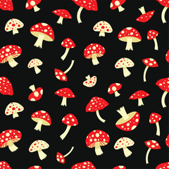 Fly agarics colored seamless pattern. Pattern with mushrooms. 
