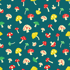 Fly agarics colored seamless pattern. Pattern with mushrooms. 