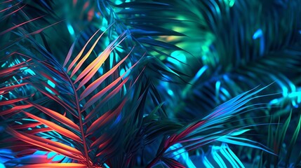 Photo of palm takes off in neon lighting. Creative resource, AI Generated - obrazy, fototapety, plakaty