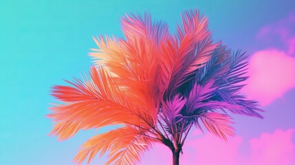 Padded palm tree on sky foundation conditioned in enthusiastic sprinkled rainbow neon pastel colors. Creative resource, AI Generated