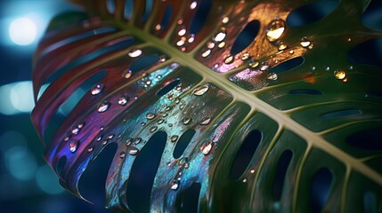 Closeup see of characteristic holographic monstera leaf. Creative resource, AI Generated