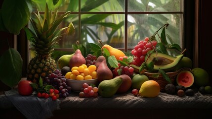 Still life of tropical natural products included citruses, avocados and dragonfruit in window light. Creative resource, AI Generated
