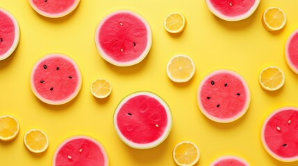 Innovative organize made of watermelon, lemon. Level lay. Nourishment concept. Clearing scale concept. Creative resource, AI Generated