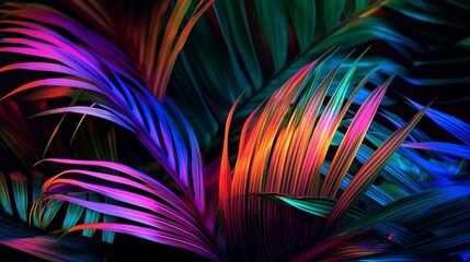 Photo of palm takes off in neon lighting. Creative resource, AI Generated