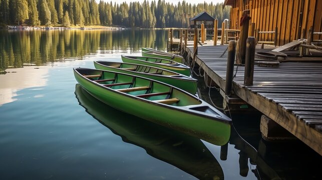 Green Canoes docked at Redfish Lake Marina. Creative resource, AI Generated