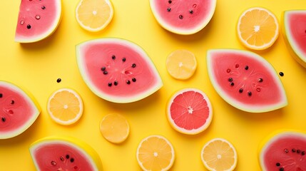 Inventive organize made of watermelon, lemon. Level lay. Nourishment concept. Clearing scale concept. Creative resource, AI Generated