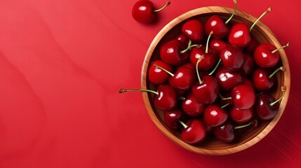 Beat see on organized sweet cherries in wooden bowl in daylight on getting to be flushed foundation. Creative resource, AI Generated