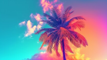 Fototapeta na wymiar Padded palm tree on sky foundation conditioned in energized sprinkled rainbow neon pastel colors. Creative resource, AI Generated