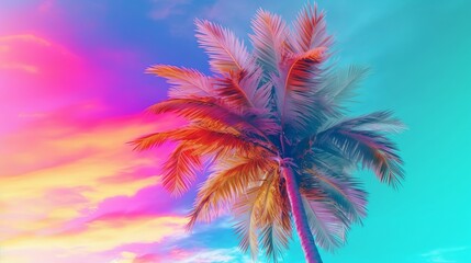Cushioned palm tree on sky establishment conditioned in energized sprinkled rainbow neon pastel colors. Creative resource, AI Generated