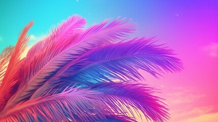 Obraz premium Cushioned palm tree on sky establishment conditioned in energized sprinkled rainbow neon pastel colors. Creative resource, AI Generated
