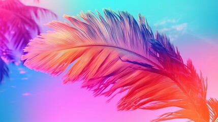 Obraz premium Cushioned palm tree on sky establishment conditioned in energized sprinkled rainbow neon pastel colors. Creative resource, AI Generated