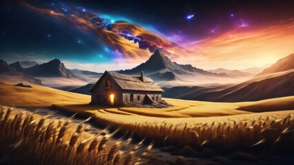cosmic style sunrise in the mountains and wheat field