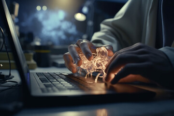 Close - up of scientist's hands using laptop and microscope in lab, Generative AI