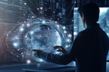 Digital technology, internet network connection, big data, digital marketing IoT internet of things. Man using modern computer surfing internet futuristic innovative technology, Generative AI