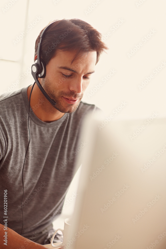Aufkleber Call center, computer and man thinking of information technology, technical support and software solution for client. PC agent, online consultant or business person as virtual assistant on desktop