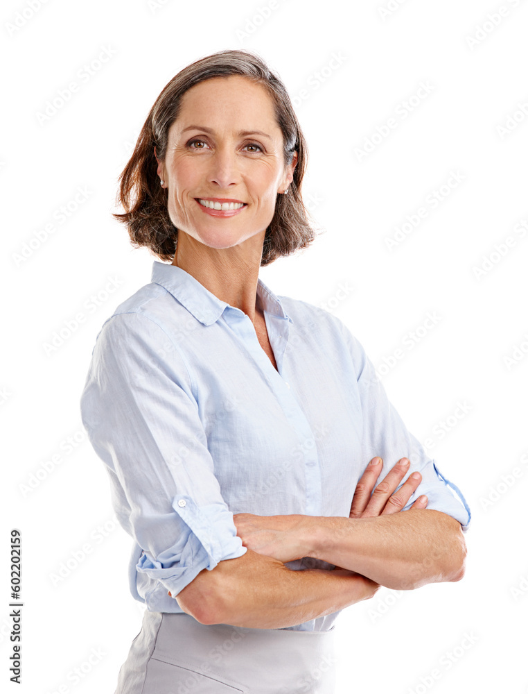 Wall mural Portrait, happy and business woman arms crossed in studio isolated on a white background. Face, professional and mature female entrepreneur from Australia with confidence mindset and happiness.