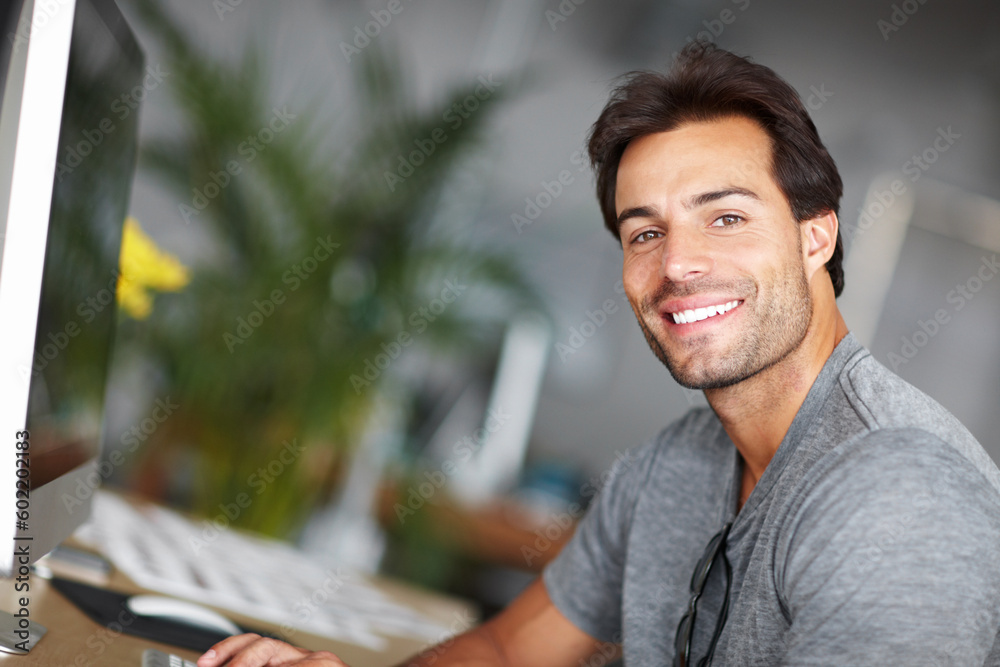 Poster office, computer and happy man in portrait for creative project, business startup or online planning
