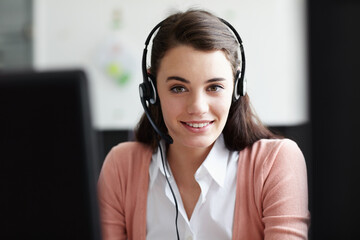 Portrait, call center and happy woman in office for virtual communication, online support or e learning consultant. Face of agent, web advisor or person for elearning services, helping or course info